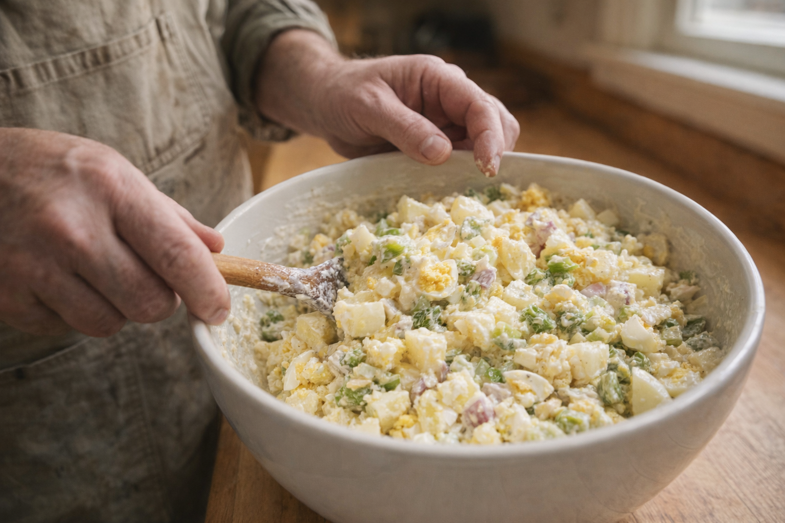 A medium shot of a person gently folding cooked potatoes, celery, onion, and hard-boiled eggs into a bowl of creamy mayonnaise dressing, kitchen counter in the background, warm light